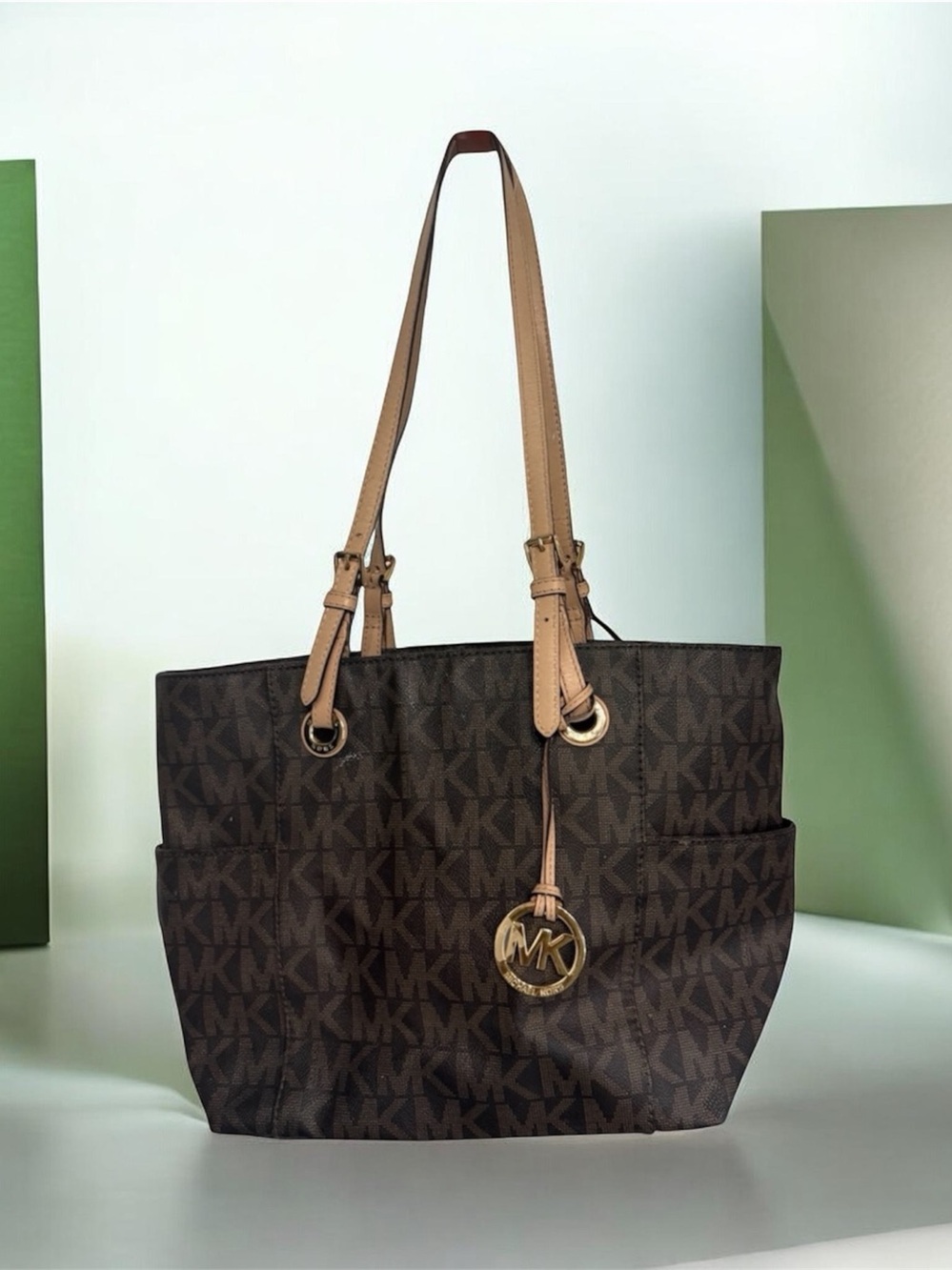 Mk signature brown  Tote Bag with Light Tan Trim - Women's Shoulder Tote
